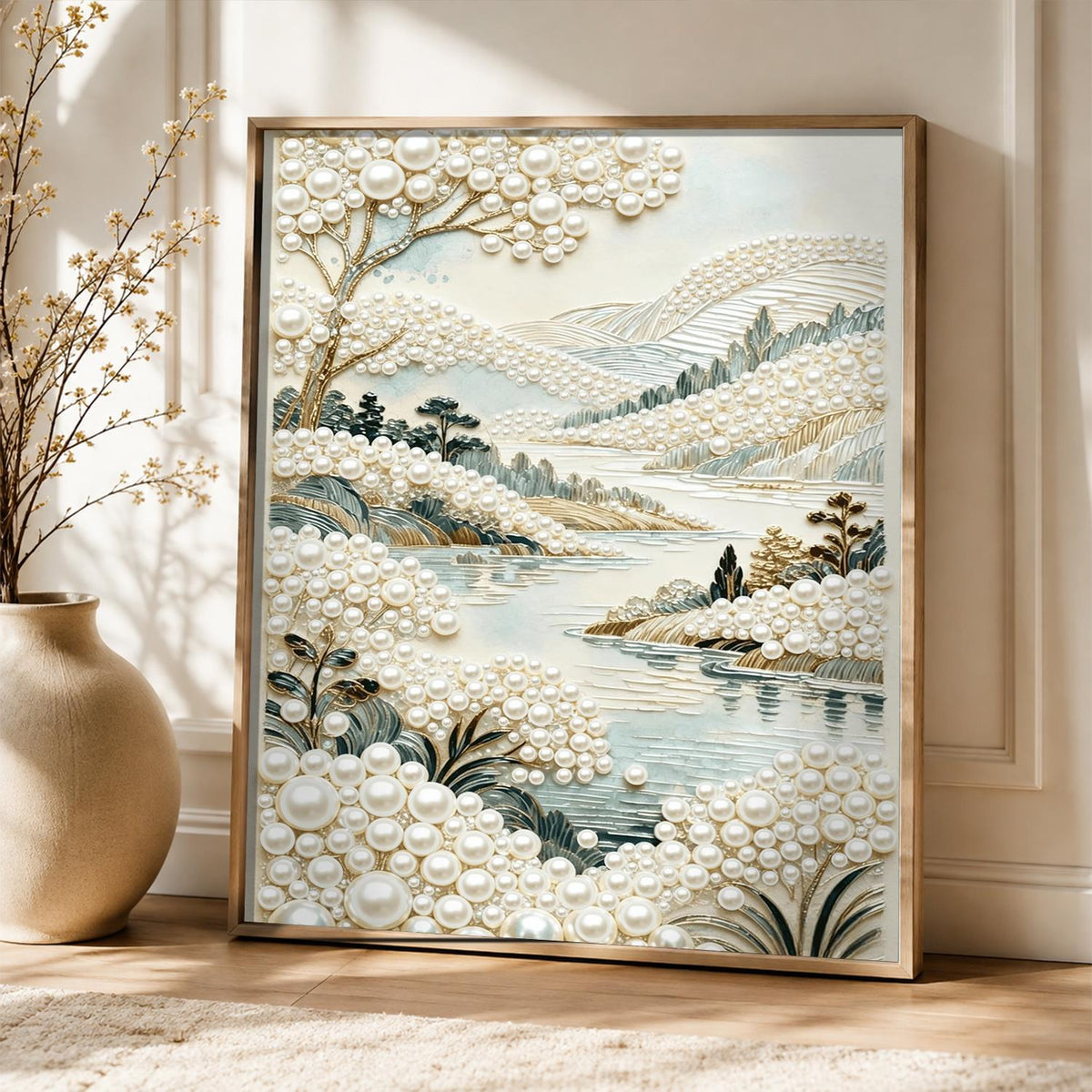 Misty Lakeside Hills in Ivory pearl painting – image 5