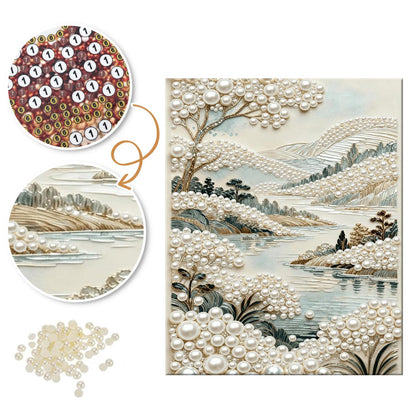 Misty Lakeside Hills in Ivory pearl painting – image 6