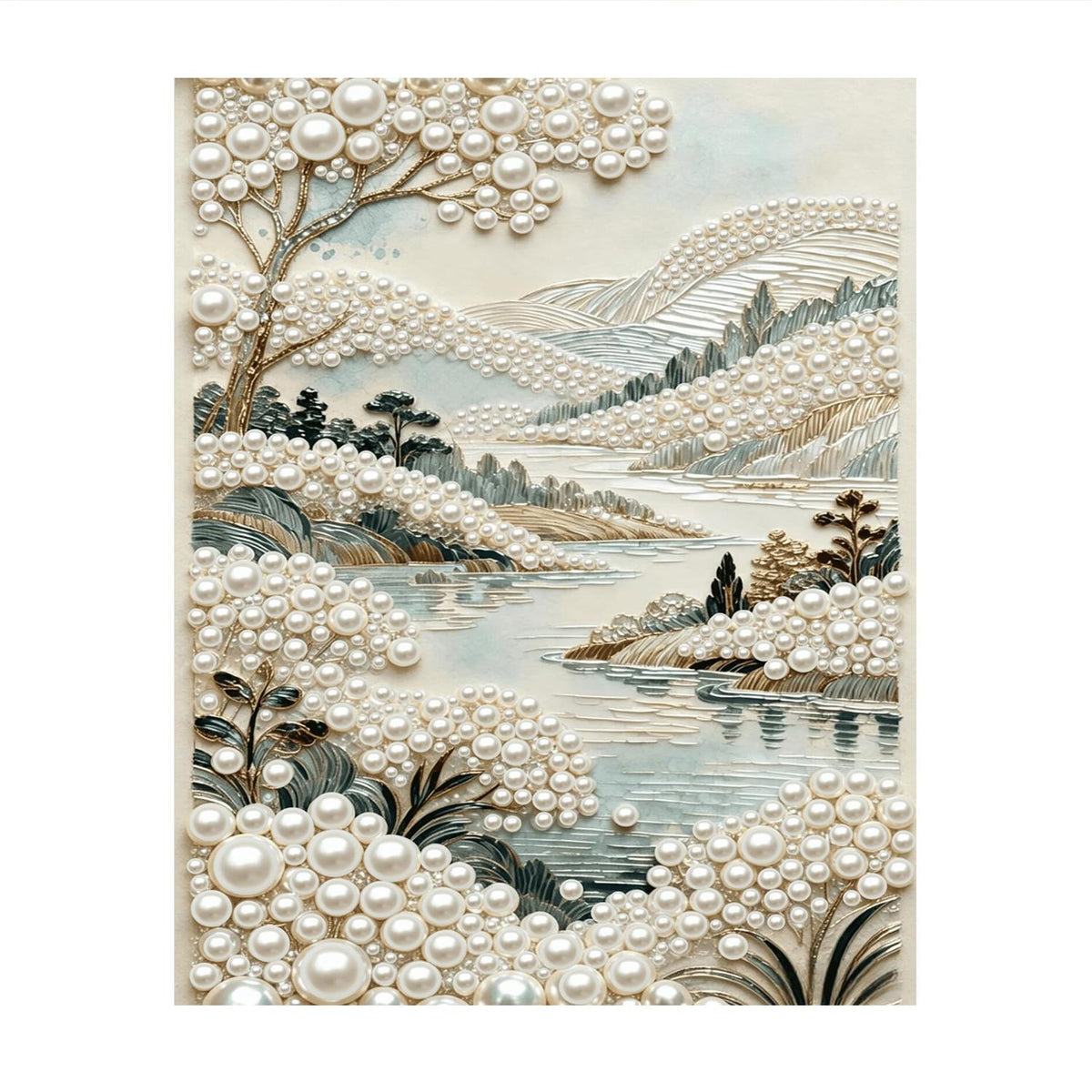 Misty Lakeside Hills in Ivory pearl painting – image 11
