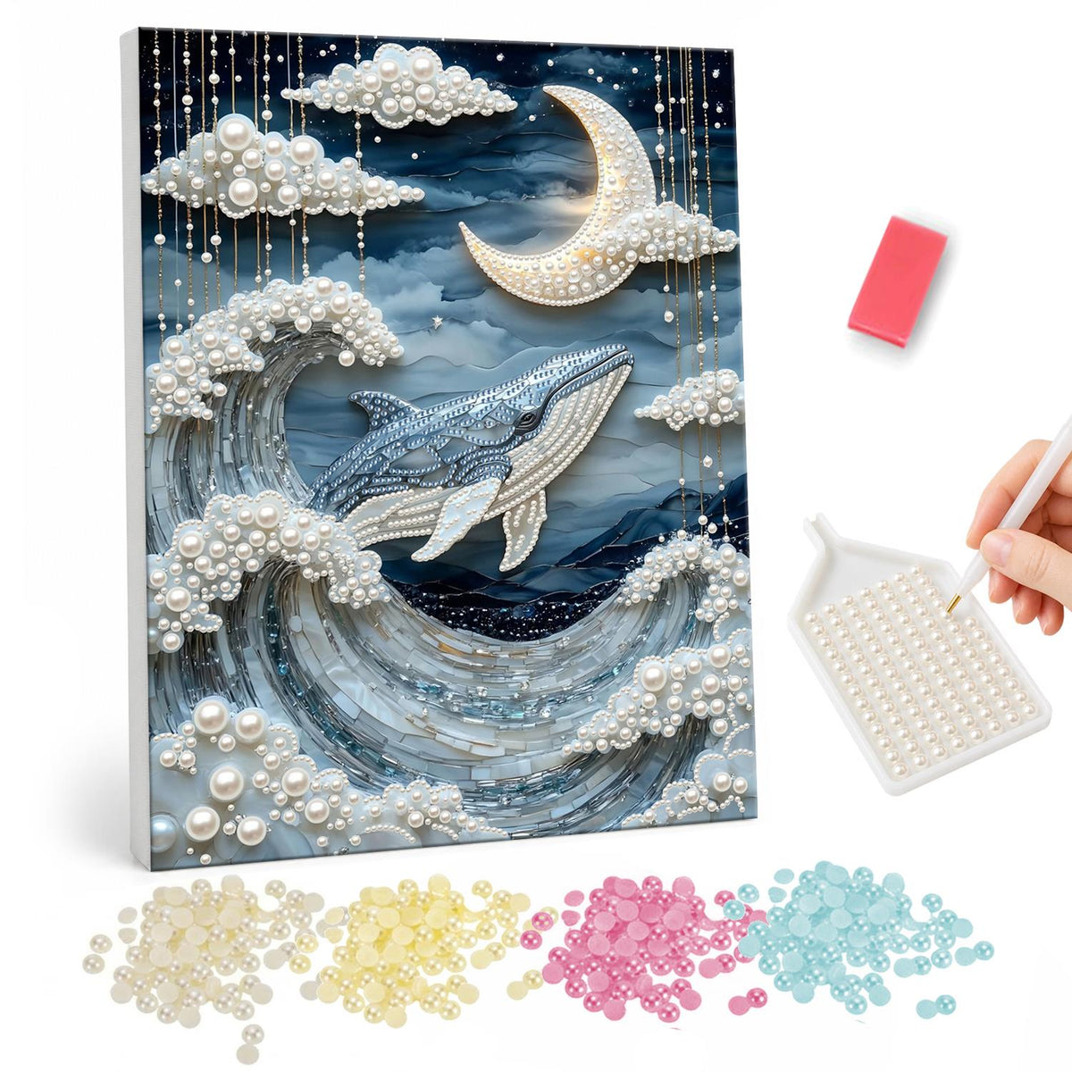 Whale Riding Silver Waves pearl painting – Whale swimming through curling silver waves beneath puffy clouds and a glowing crescent moon