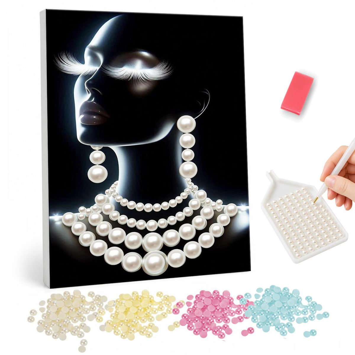 Elegant Profile with Necklaces pearl painting – Dark silhouette of a woman in profile with glowing white lashes, drop earrings and layered bead necklaces