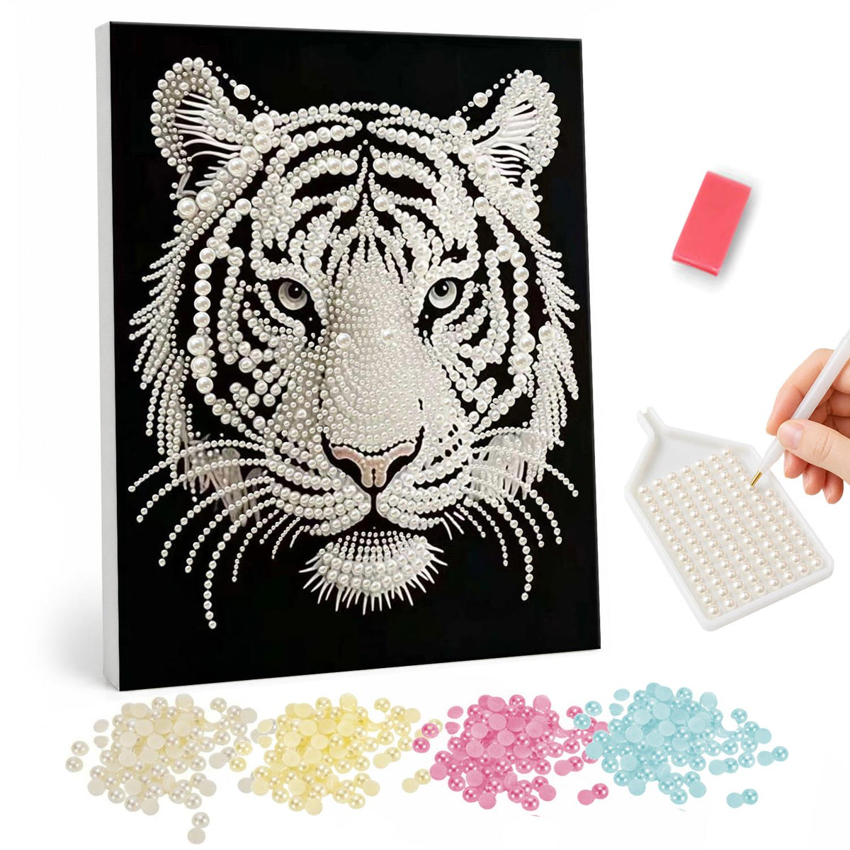 Snow Tiger with Piercing Gaze pearl painting – Close-up of a white tiger face with dark stripes and pale eyes on a black background
