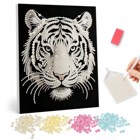 Snow Tiger with Piercing Gaze pearl painting – Close-up of a white tiger face with dark stripes and pale eyes on a black background