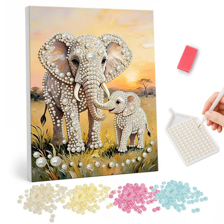 Savanna Sunset Elephant and Calf pearl painting – Mother elephant and calf standing in tall grass on the savanna at sunset with an acacia tree