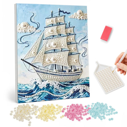 Tall Ship on Cresting Waves pearl painting – Three-masted sailing ship with white sails on rolling blue waves under a pale sky with clouds