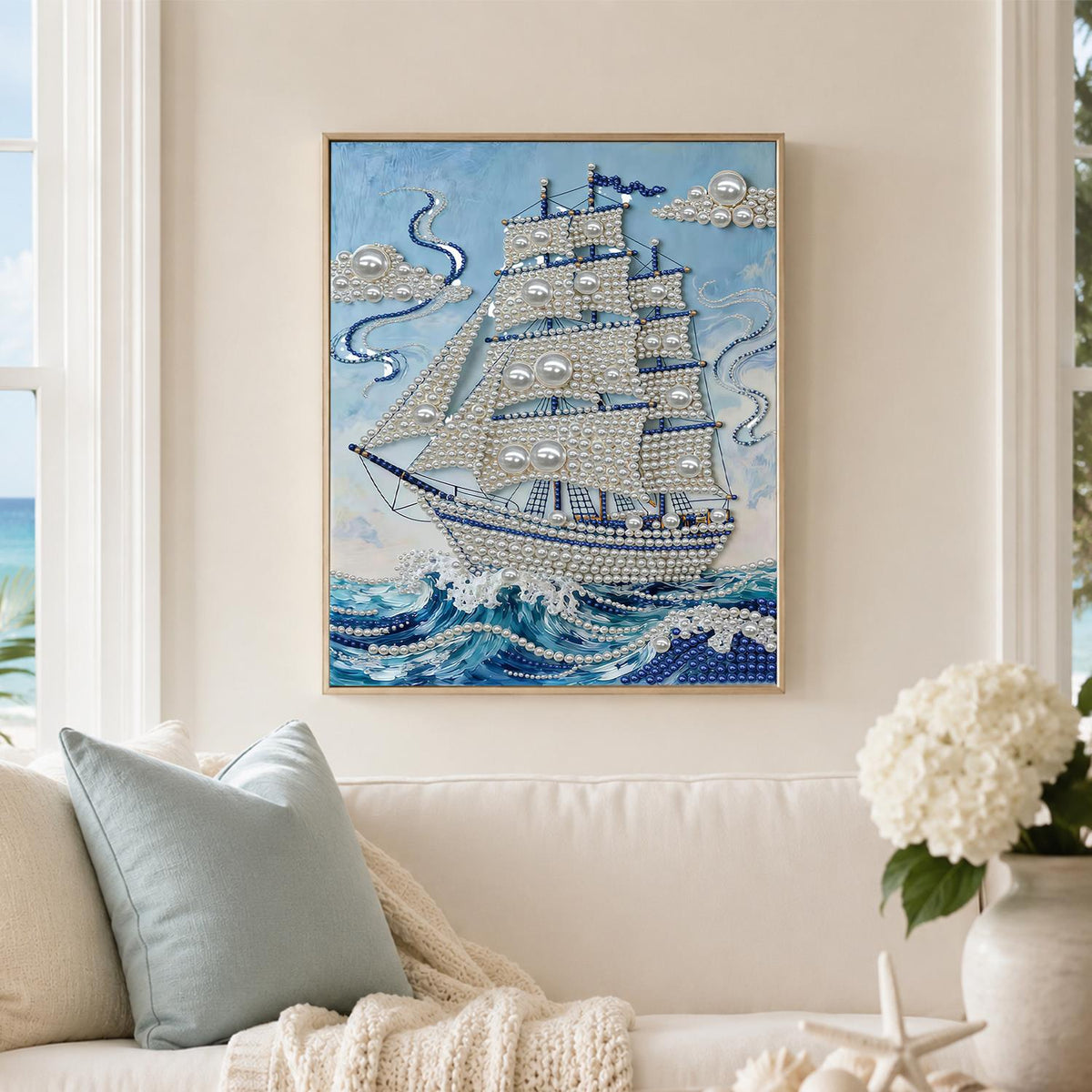 Three-Masted Ship in Blue Swells pearl painting – image 3