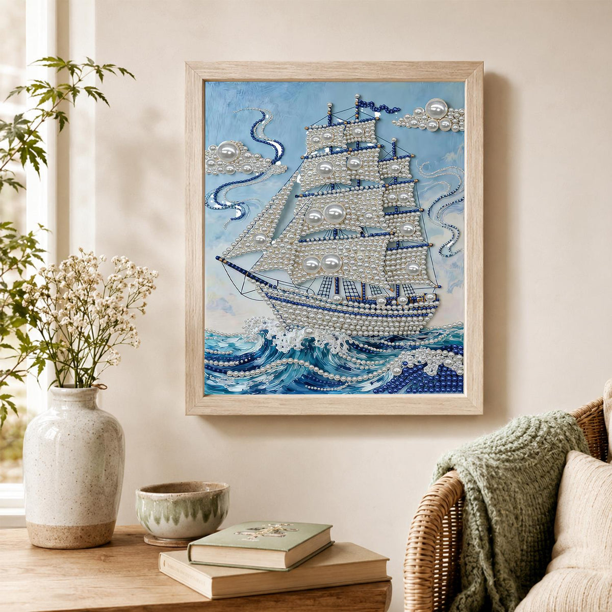 Three-Masted Ship in Blue Swells pearl painting – image 4