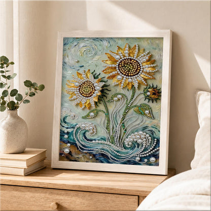 Sunflowers Over Swirling Waves pearl painting – image 2