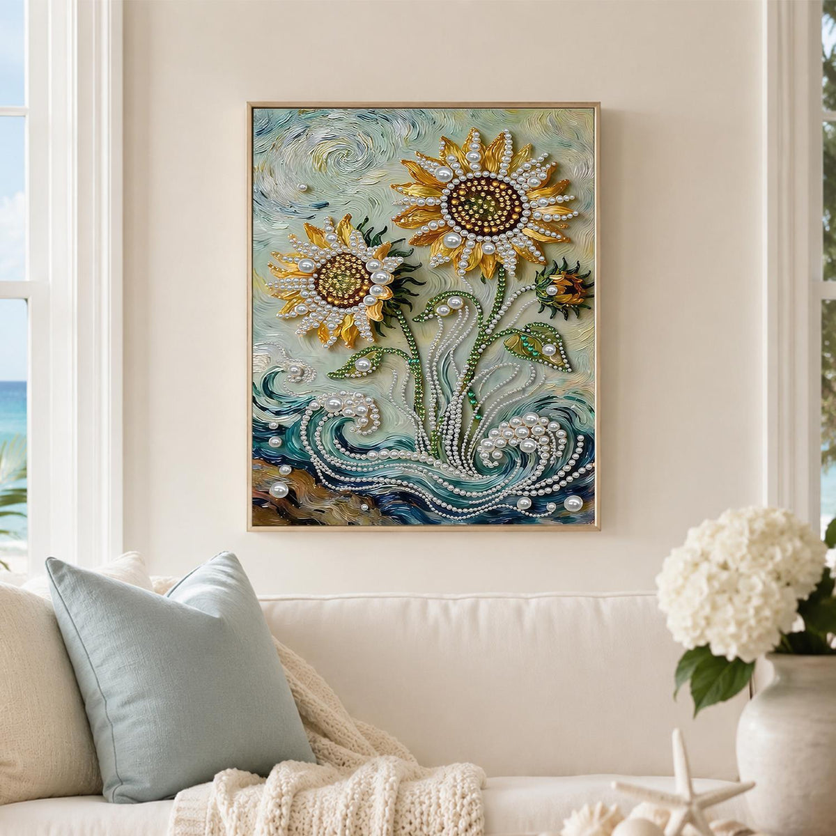 Sunflowers Over Swirling Waves pearl painting – image 3