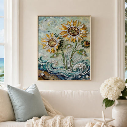Sunflowers Over Swirling Waves pearl painting – image 3