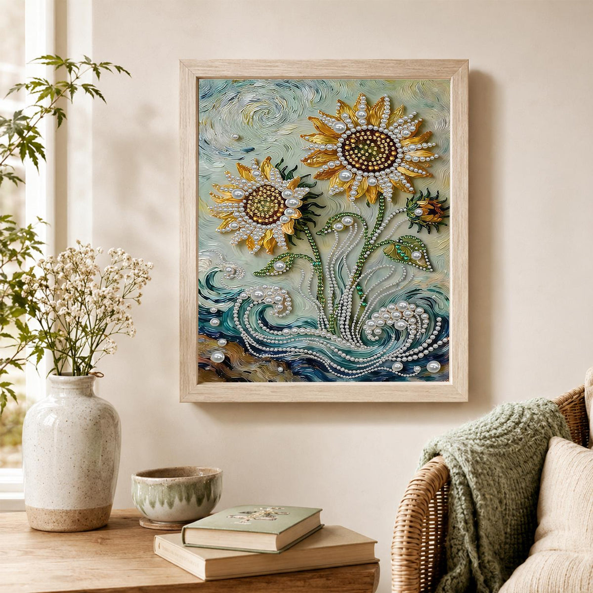 Sunflowers Over Swirling Waves pearl painting – image 4