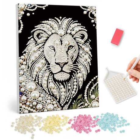 Regal Lion with Ornate Mane pearl painting – White lion face with an ornate swirling mane on a black background with beaded corners