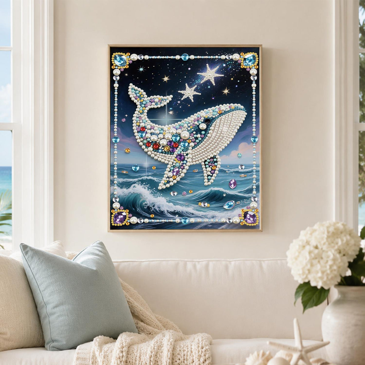 Gem-Studded Whale Over Waves pearl painting – image 3