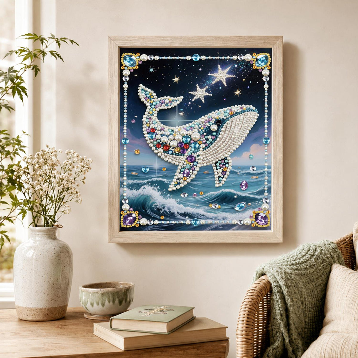Gem-Studded Whale Over Waves pearl painting – image 4