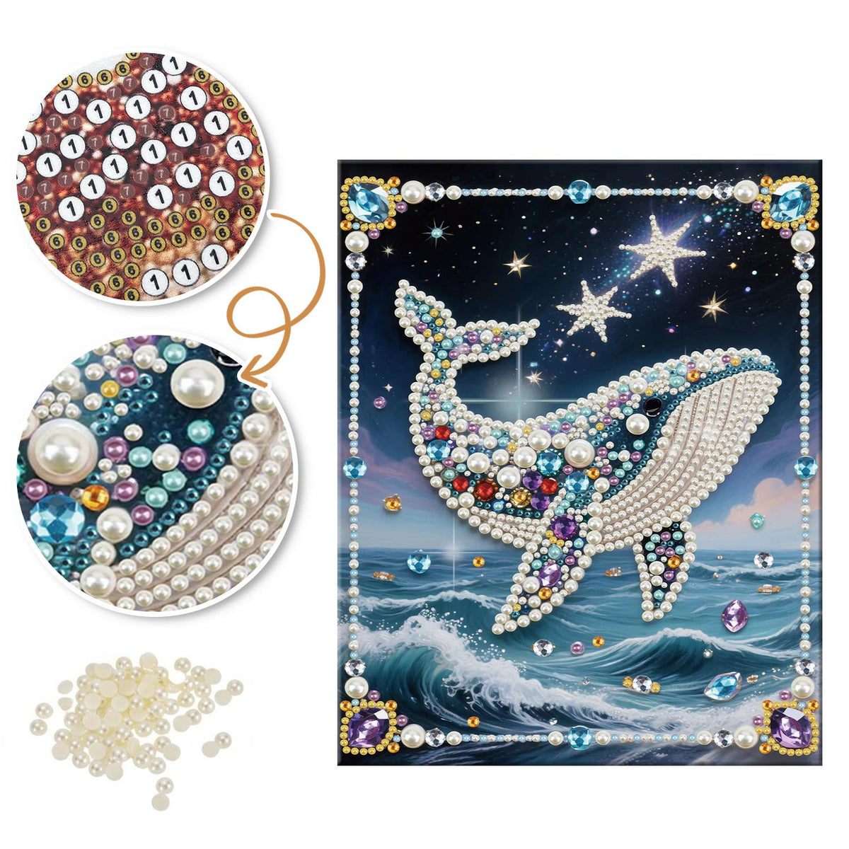Gem-Studded Whale Over Waves pearl painting – image 6