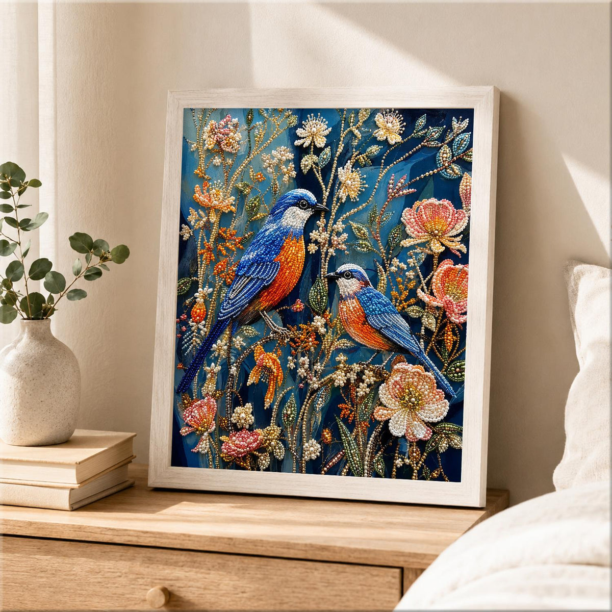 Bluebird Pair in Night Garden pearl painting – image 2