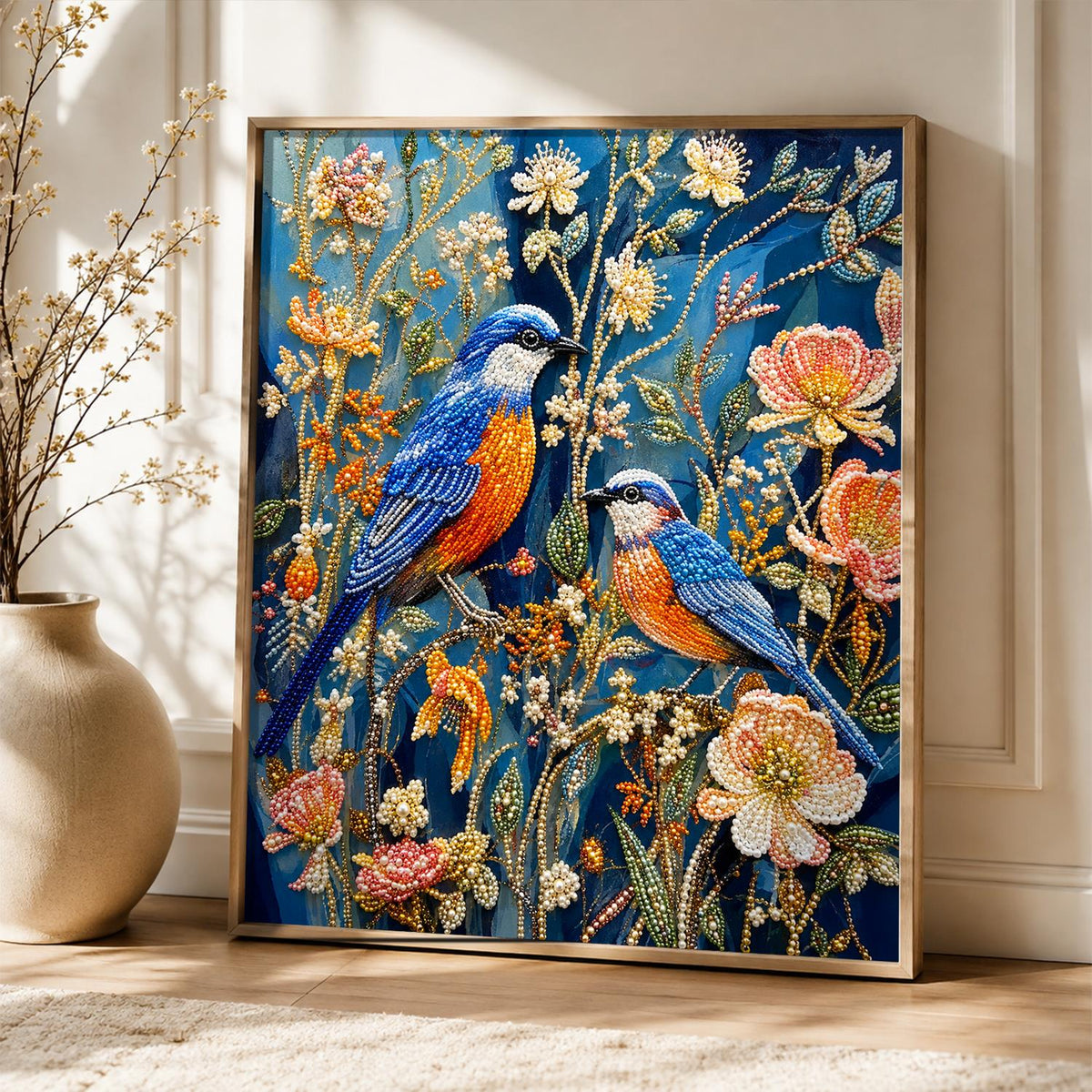 Bluebird Pair in Night Garden pearl painting – image 5