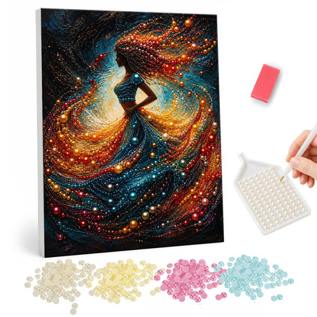 Ember and Starlight Dancer pearl painting – Silhouette of a woman whose hair and gown swirl into glowing orange, red and blue lights on dark