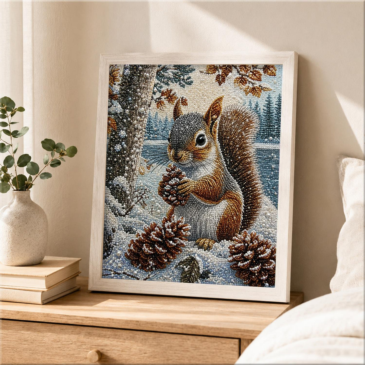 Squirrel with Pinecone in Snow pearl painting – image 2