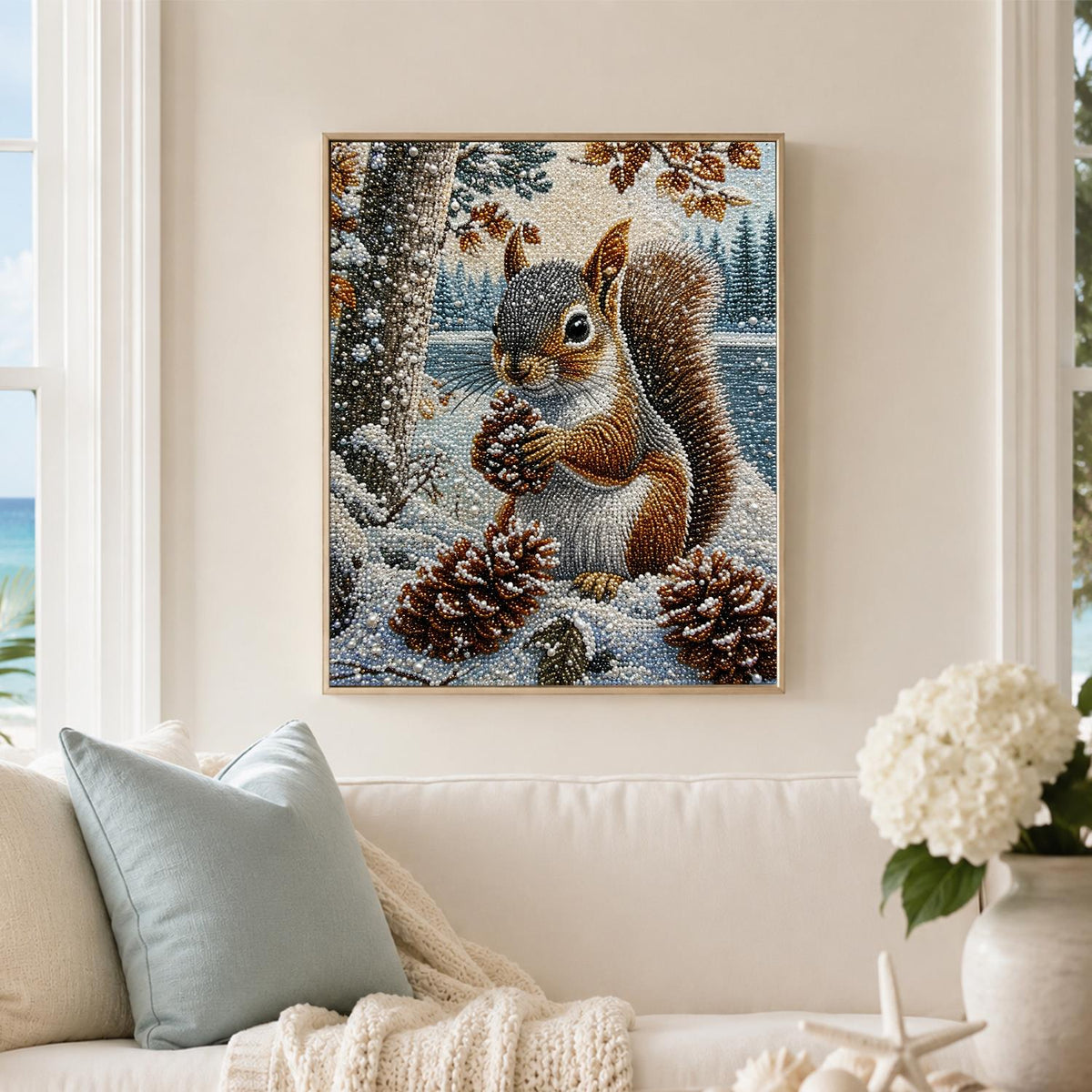 Squirrel with Pinecone in Snow pearl painting – image 3