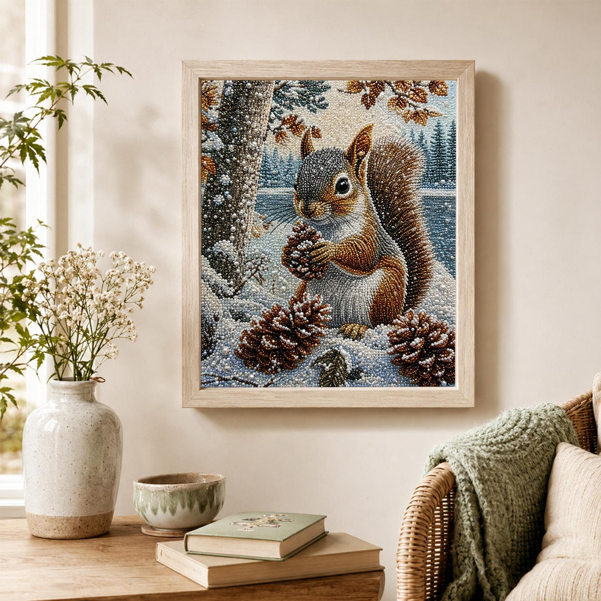 Squirrel with Pinecone in Snow pearl painting – image 4