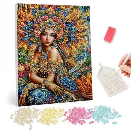 Woman in Jeweled Flower Crown pearl painting – Woman wearing a large jeweled floral headdress and necklaces in orange, gold and blue