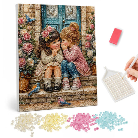 Secrets on the Garden Steps pearl painting – Two little girls whispering on stone steps beside a blue door with pink roses and bluebirds