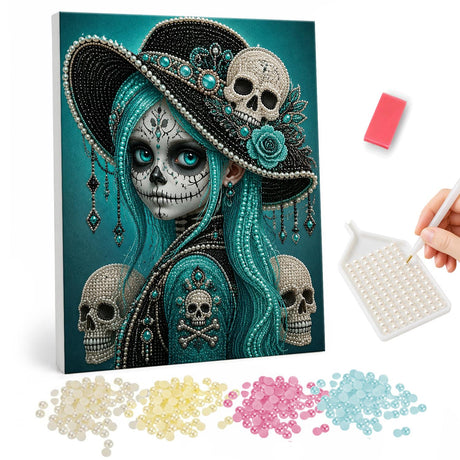 Teal-Haired Catrina with Skulls pearl painting – Woman with sugar skull face paint and long teal hair in a black hat with a skull and roses, skulls beside her
