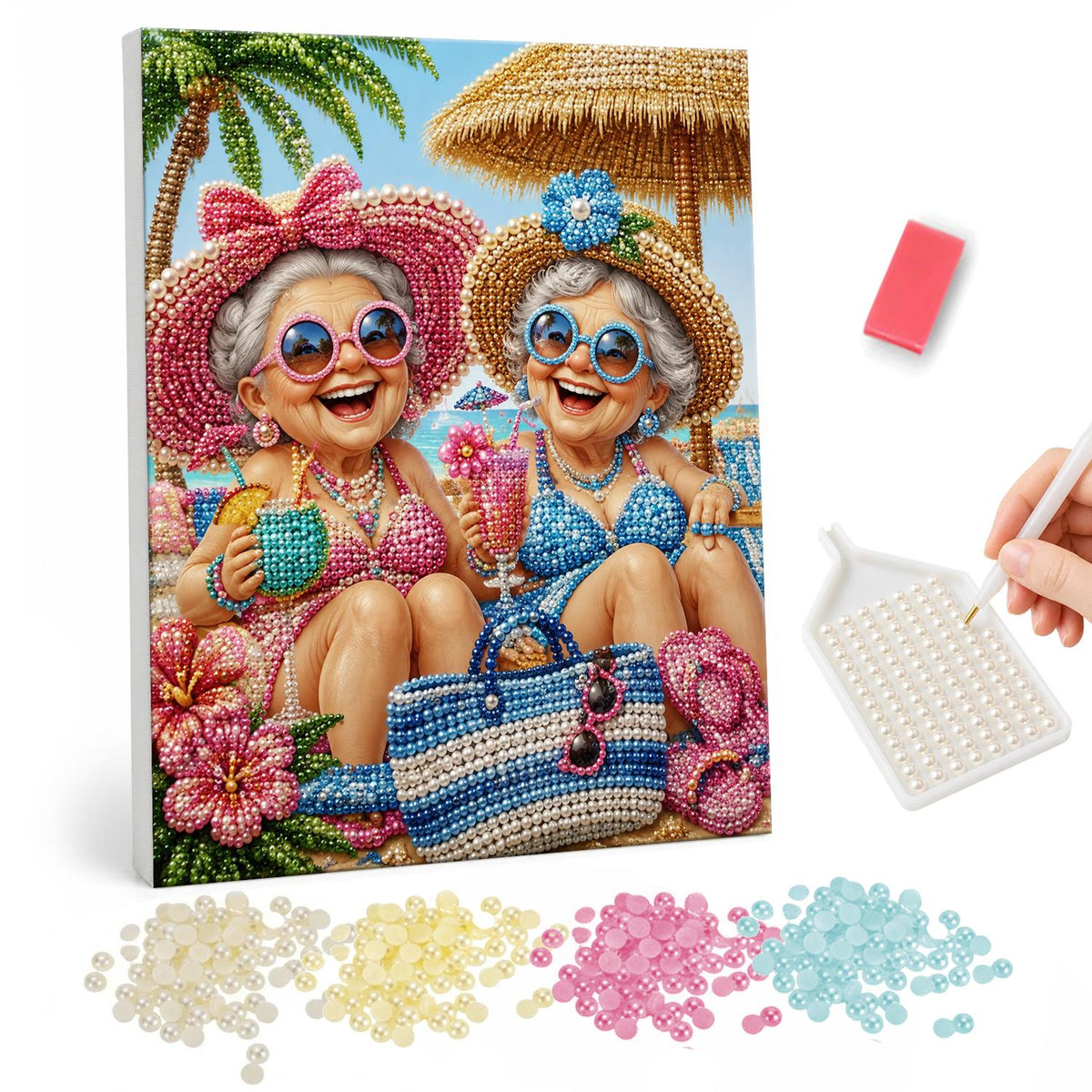Giggling Grannies in Sunhats pearl painting – Two laughing grandmothers in sunhats and sunglasses sitting on the beach with drinks under a palm tree