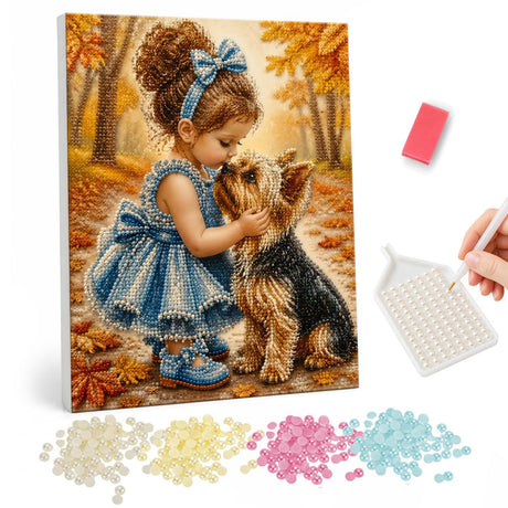 Autumn Kiss for a Yorkie pearl painting – Little girl in a blue dress and hair bow kissing a Yorkshire terrier among autumn leaves