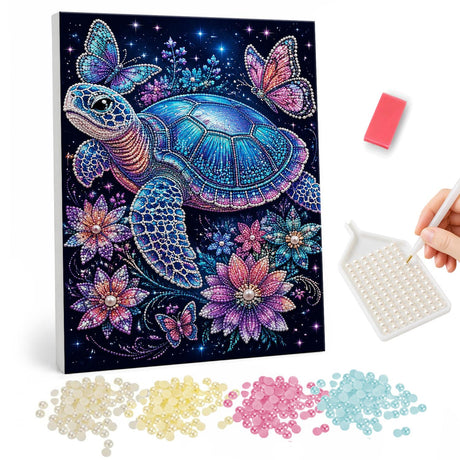Jeweled Sea Turtle with Butterflies and Flowers pearl painting – image 1