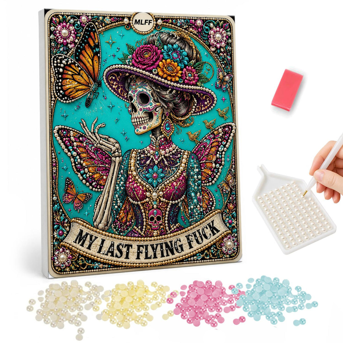 Butterfly-Winged Skeleton Lady pearl painting – Skeleton woman in a flowered hat with butterfly wings on teal, inside a framed card with a slogan banner