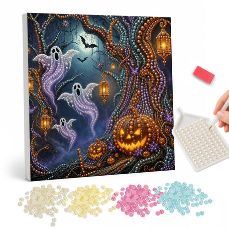 Purple Ghosts in the Lantern Woods pearl painting – Purple ghosts swirling through a beaded forest of twisting trees, lanterns and jack-o'-lanterns under a moon