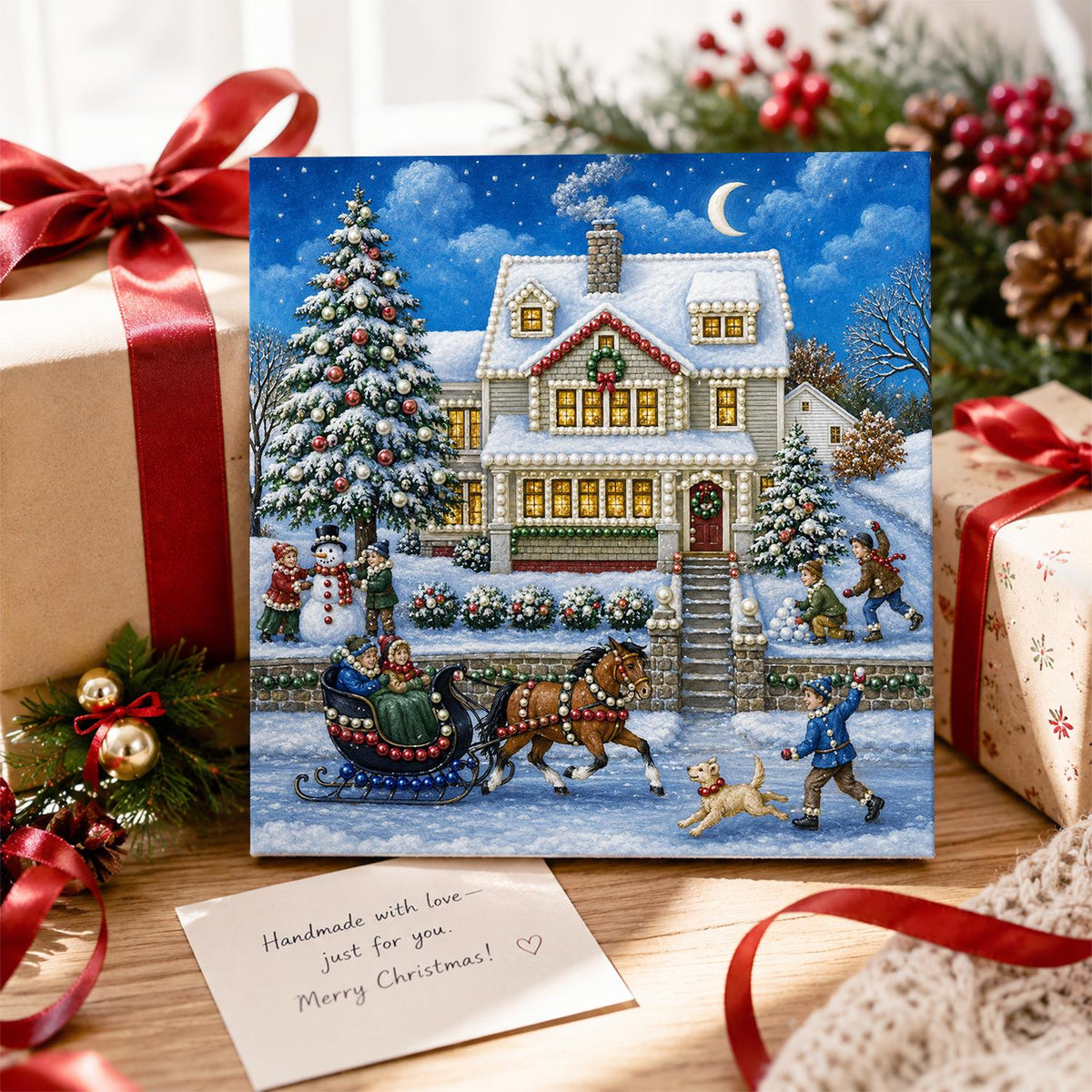 Moonlit Farmhouse Sleigh Ride pearl painting – image 2