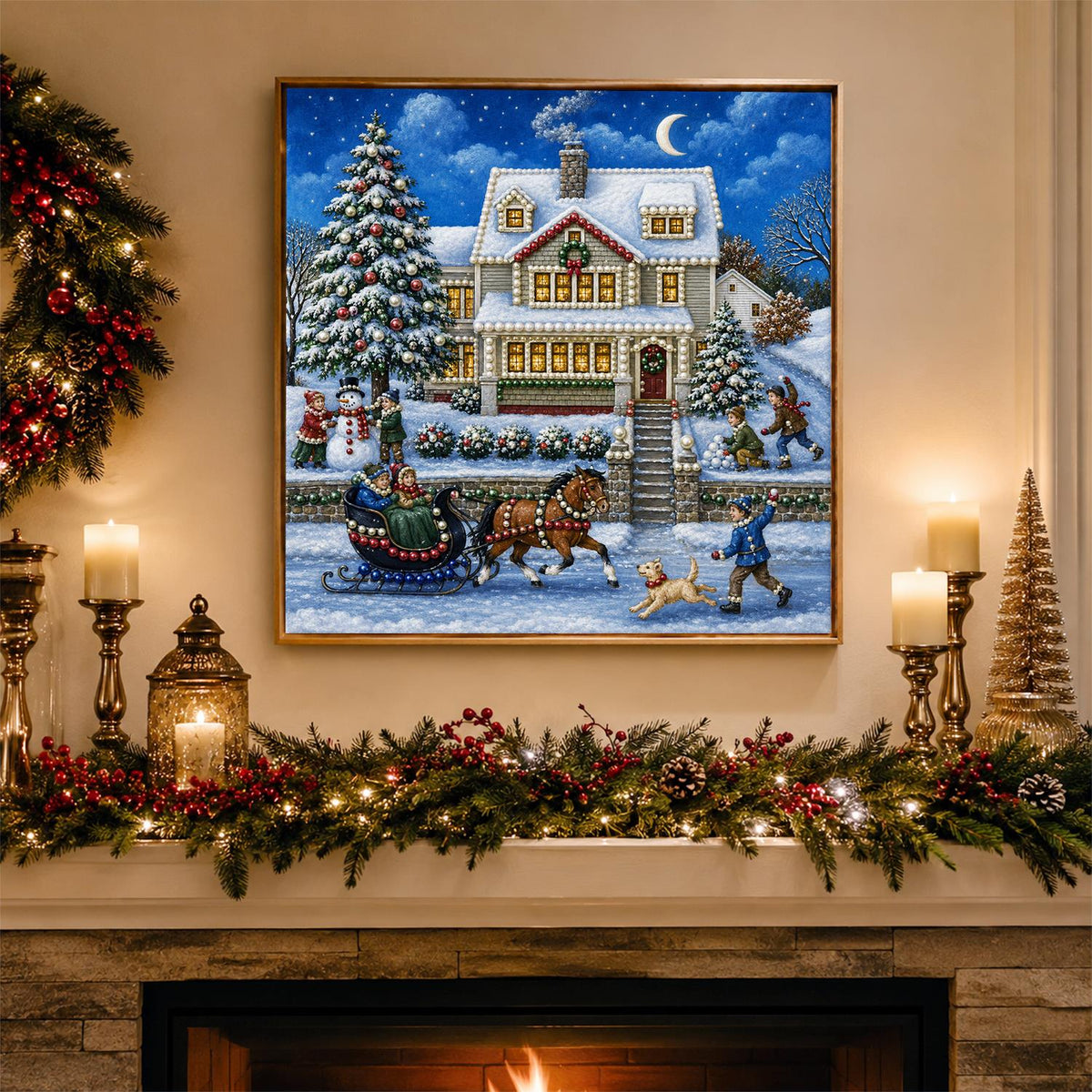 Moonlit Farmhouse Sleigh Ride pearl painting – image 3