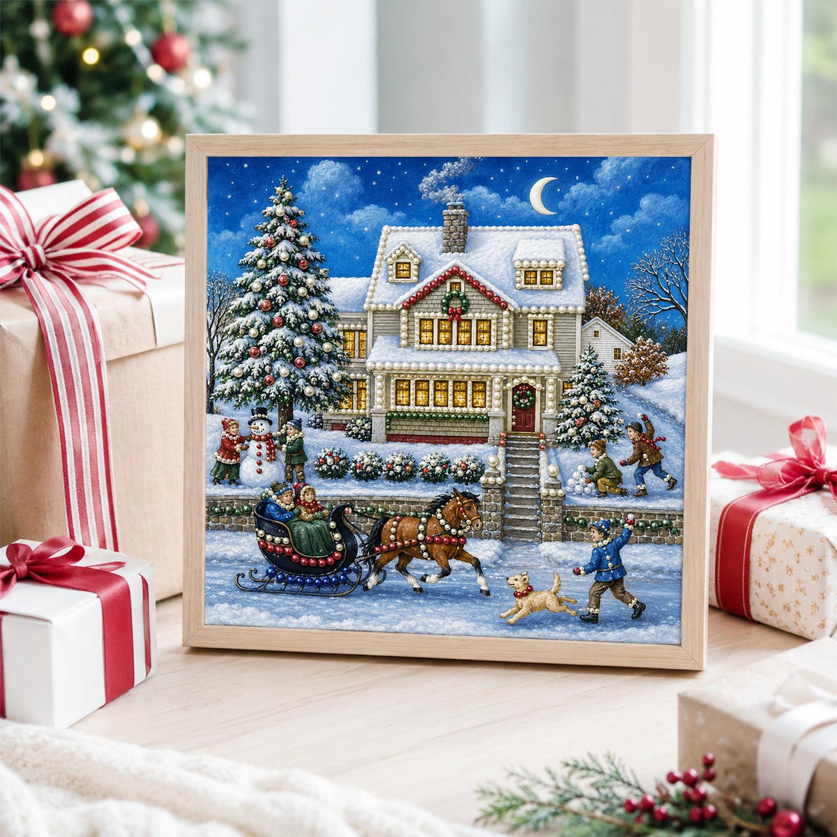 Moonlit Farmhouse Sleigh Ride pearl painting – image 4