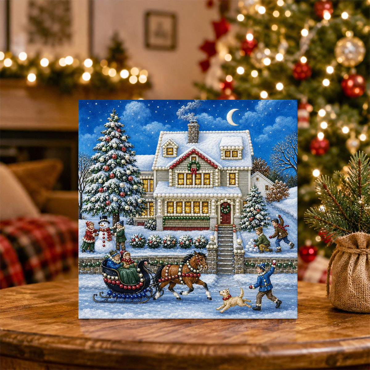 Moonlit Farmhouse Sleigh Ride pearl painting – image 5