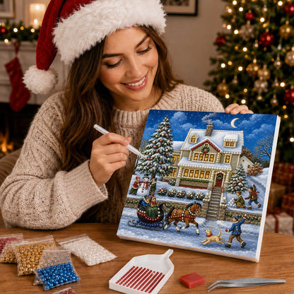 Moonlit Farmhouse Sleigh Ride pearl painting – image 16
