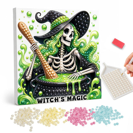 Skeleton Witch at the Cauldron pearl painting – Skeleton witch with flowing green hair stirring a bubbling green cauldron above Witch's Magic lettering