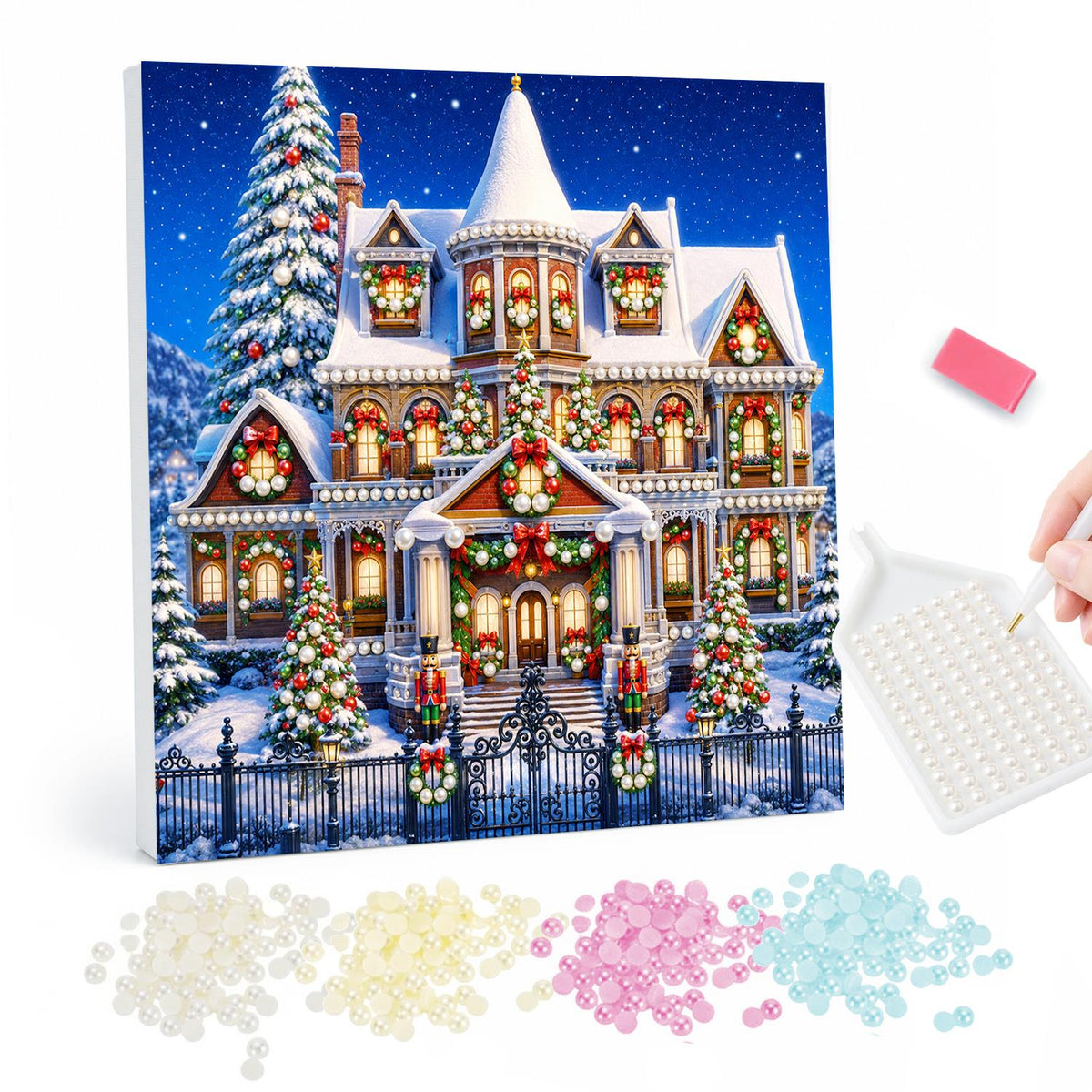 Victorian Manor Aglow pearl painting – Grand Victorian house strung with lights and wreaths behind an iron fence on a snowy night