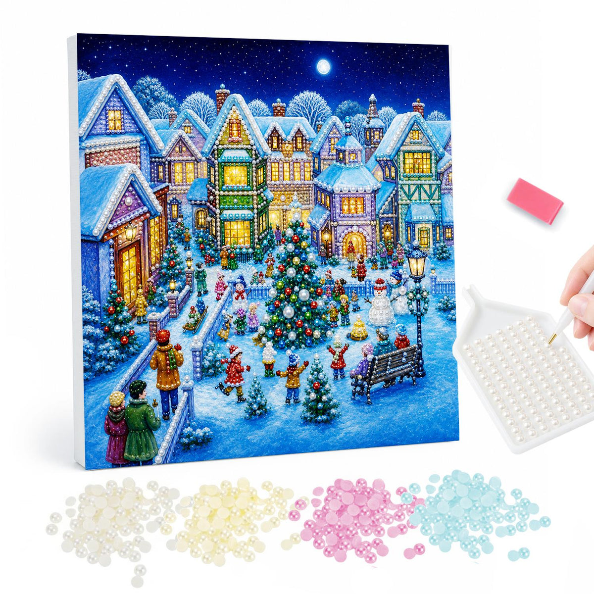 Town Square Christmas Gathering pearl painting – Colorful village houses around a snowy square where people gather by a lit Christmas tree at night