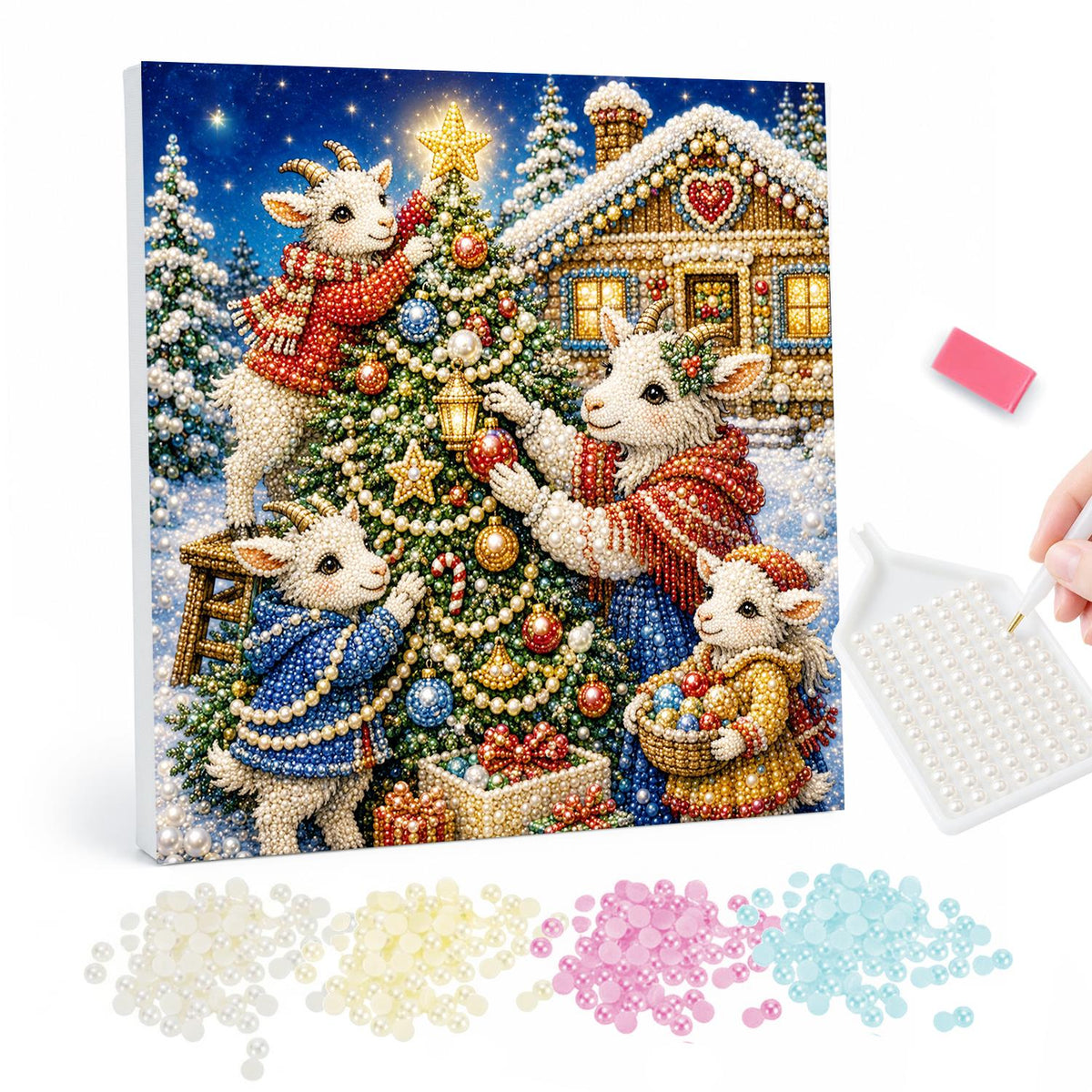 Starlit Lambs Dressing the Tree pearl painting – Lambs in scarves and capes decorating a Christmas tree by a cabin under a starry night sky