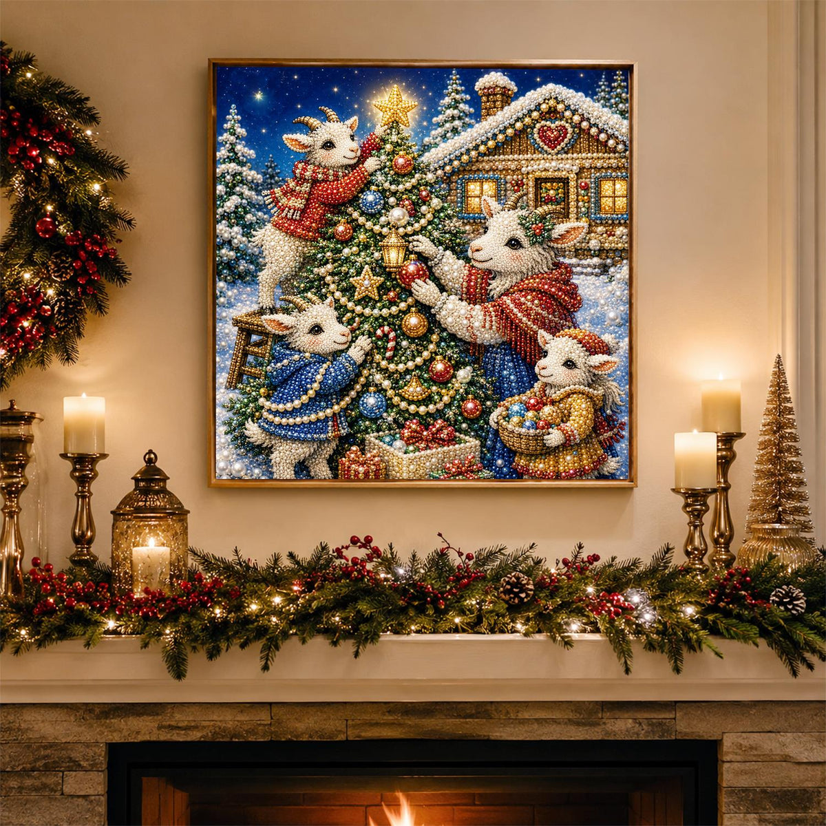 Starlit Lambs Dressing the Tree pearl painting – image 3