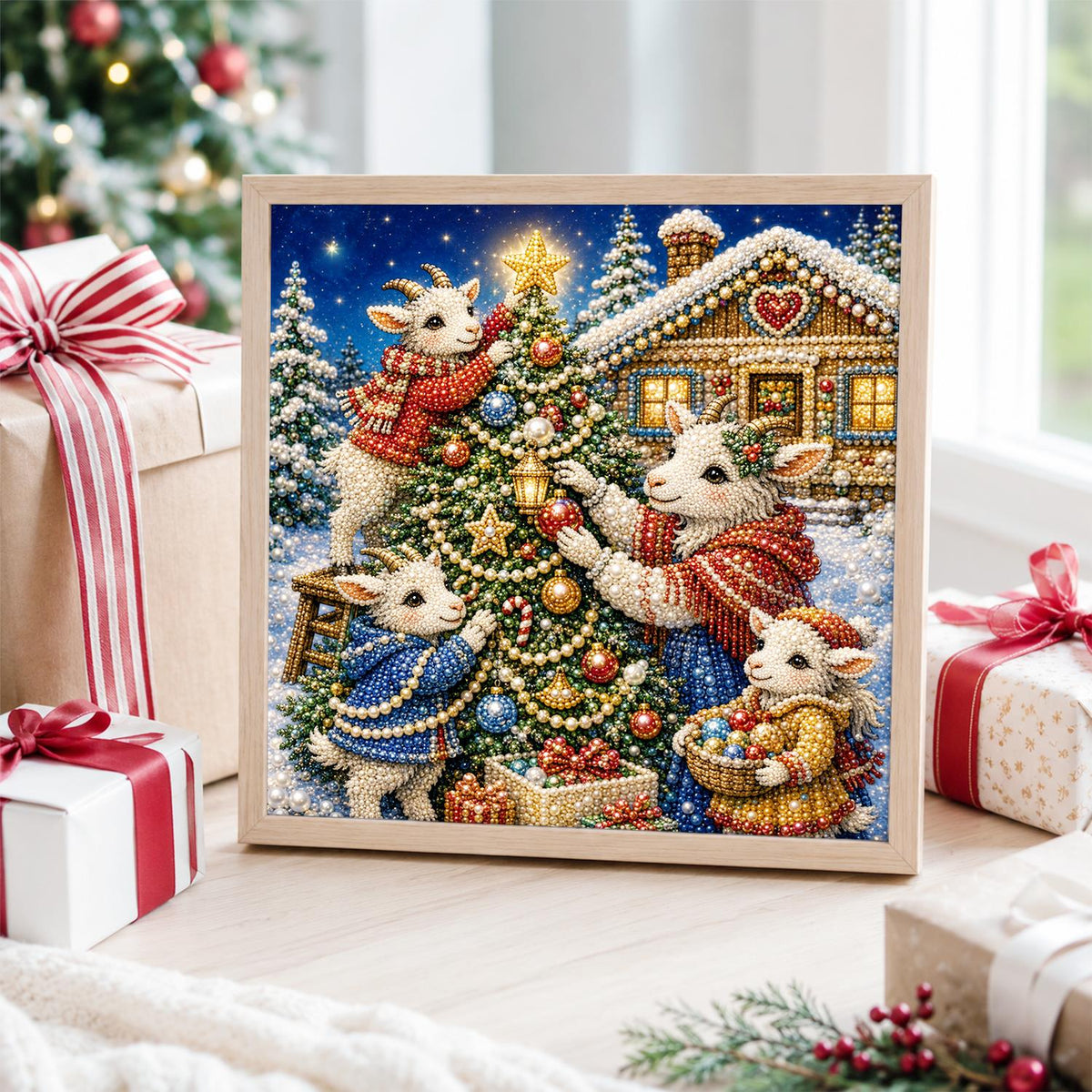 Starlit Lambs Dressing the Tree pearl painting – image 4