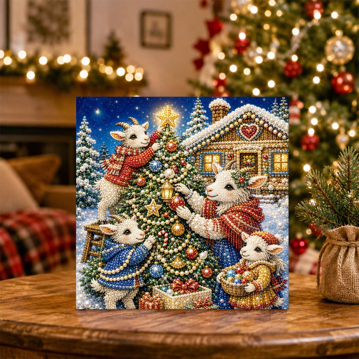 Starlit Lambs Dressing the Tree pearl painting – image 5