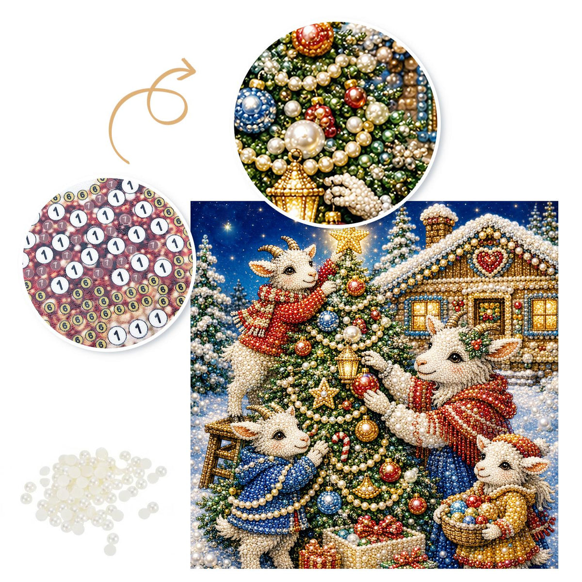 Starlit Lambs Dressing the Tree pearl painting – image 6