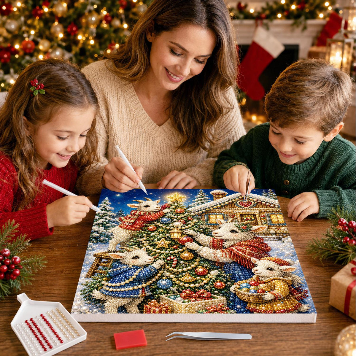 Starlit Lambs Dressing the Tree pearl painting – image 15
