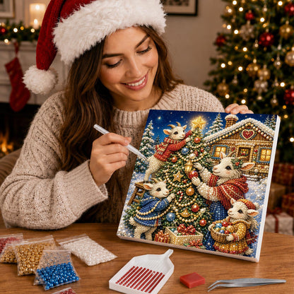 Starlit Lambs Dressing the Tree pearl painting – image 16