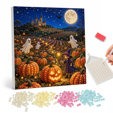 Moonlit Pumpkin Field and Castle pearl painting – Field of glowing jack-o'-lanterns with small ghosts and a little witch below a hilltop castle and full moon