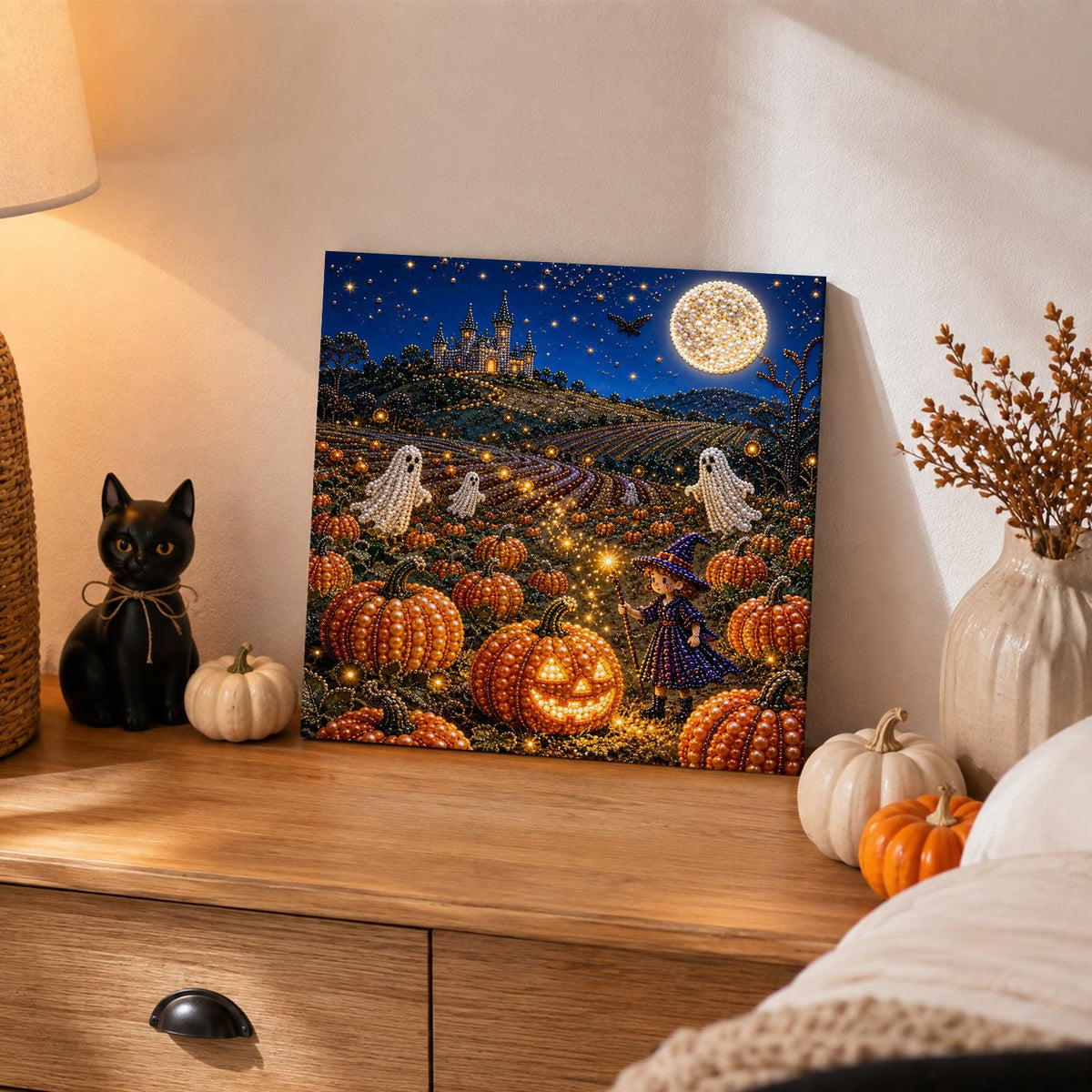 Moonlit Pumpkin Field and Castle pearl painting – image 2